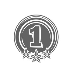 First place medal glyph icon vector illustration. Silhouette of round medallion with number 1 and stars inside, 1st rank certificate, badge of circle shape, medal emblem for victory of winner