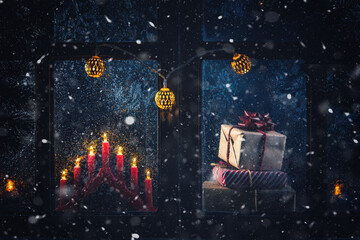 Christmas, winter composition. Gifts and Candles