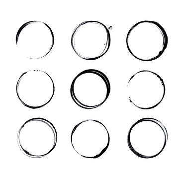 Hand drawn circle line frames sketch set. Vector circular scribble doodle round circles for message note mark design element. Pencil or pen graffiti bubble or ball draft illustration.