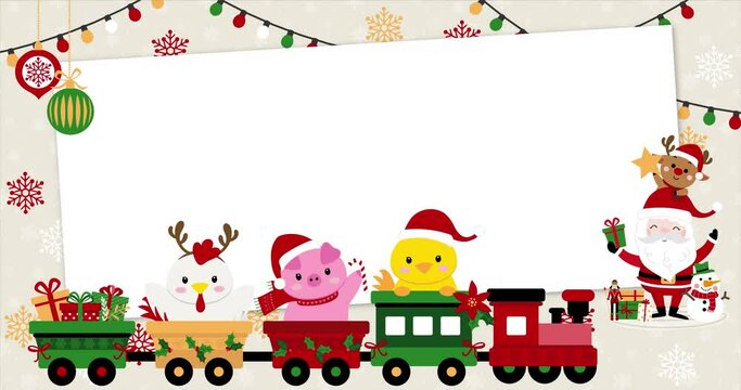 Cute baby animals on a rolling train dressed up for Christmas with rectangular frame, chicken, pig and chick. Template, banner for baby shower, christmas, mailing, invitation, greeting cards…