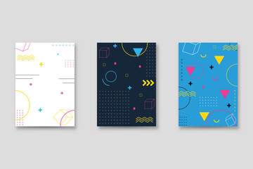 Set of neo-Memphis style covers. Collection of cool bright covers. Abstract shapes compositions. Vector.