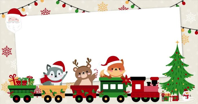 Cute baby animals on a rolling train dressed up for Christmas with rectangular frame, wolf, bear and fox. Template, banner for baby shower, christmas, mailing, invitation, greeting cards…