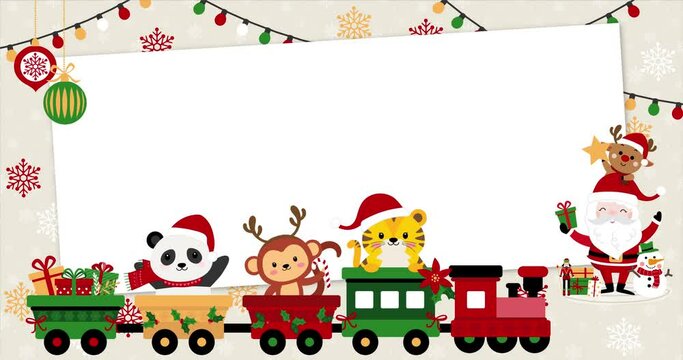 Cute baby animals on a rolling train dressed up for Christmas with rectangular frame, panda, monkey and tiger. Template, banner for baby shower, christmas, mailing, invitation, greeting cards&hellip;
