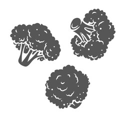 Broccoli glyph icon vector illustration. Silhouette of cabbage vegetables falling from top, cauliflower or broccoli float and fly in air, natural food ingredient of vitamin healthy nutrition