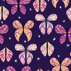 Vector seamless pattern with bright butterflies on a dark background with stars. Dark purple background. Butterflies of different types and sizes drawn by hand.