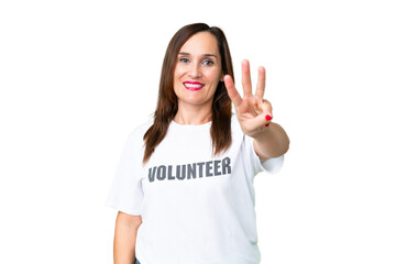Middle age volunteer woman over isolated chroma key background happy and counting three with fingers
