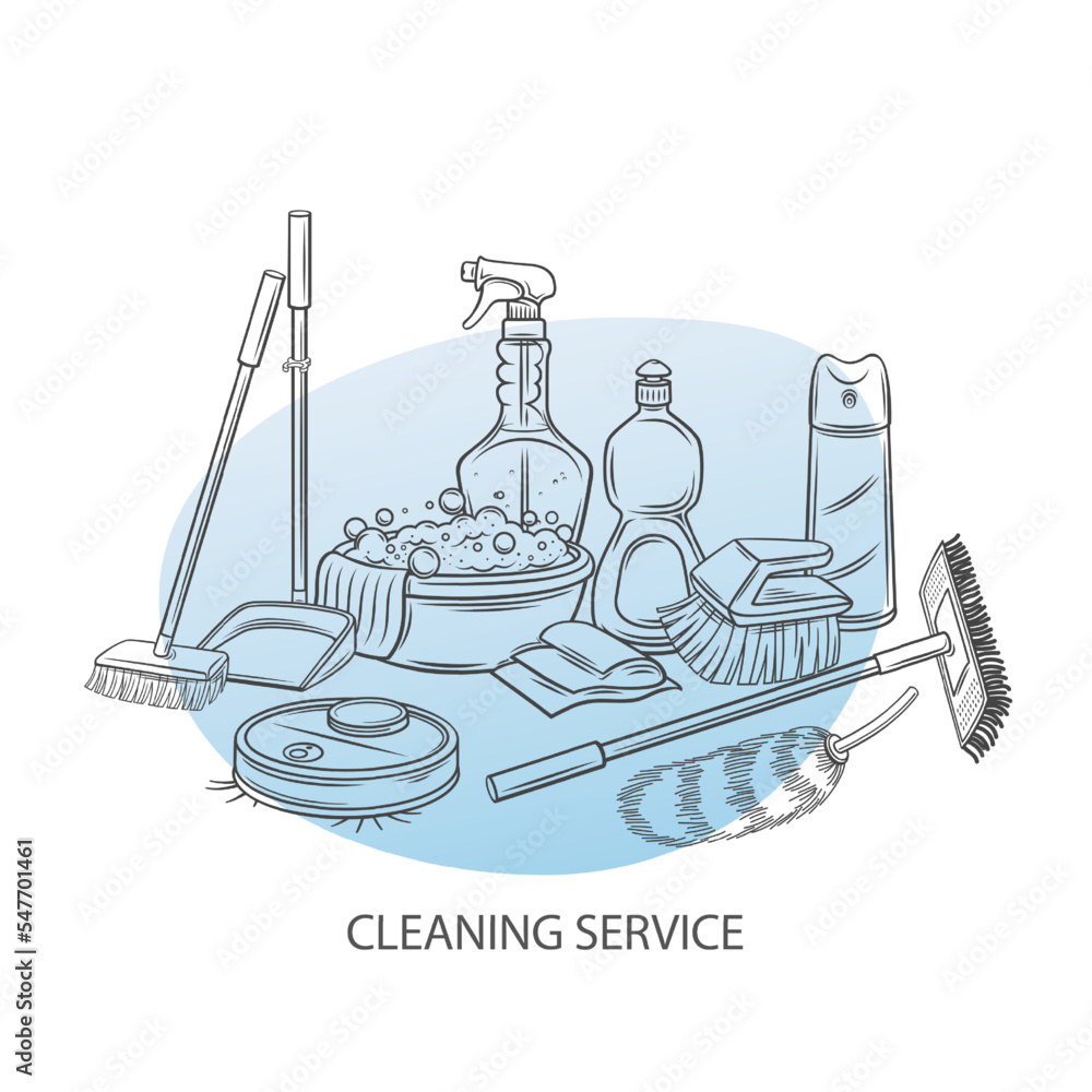 Wall mural cleaning service, line design template vector illustration. hand drawn outline supplies and equipmen