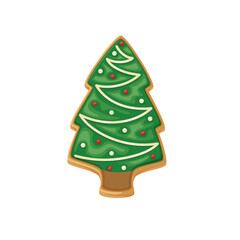 Christmas tree cookie vector illustration. Cartoon isolated Xmas sugar gingerbread with pine tree shape, green glaze and holiday icing decoration, ginger sweet cookie and traditional treat for kids