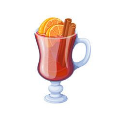 Mulled wine vector illustration. Cartoon isolated glass cup with handle, hot alcohol drink and spices, cinnamon sticks and orange slices, wine cocktail for Christmas season in cafe or bar menu