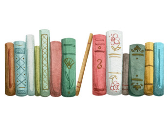 Bookshelf painted in watercolor. Isolated on a white background. - obrazy, fototapety, plakaty