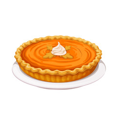 Pumpkin pie vector illustration. Cartoon isolated whole sweet cake with orange pumpkin custard filling, whipped cream and shortbread crust, homemade baked dessert and symbol of autumn harvest