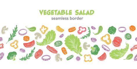 Vegetable salad seamless border vector illustration. Cartoon isolated healthy repeat food ingredients for cooking salad, fresh summer pieces and organic leaves fly in frame of vegetarian cafe menu