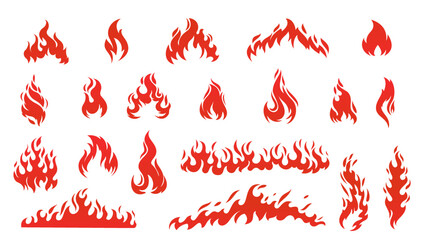 Red flames icons set vector illustration. Silhouette of hot flame fire and abstract tribal bonfire, symbol of flammable fuel and gas and oil danger, heat of burning fireball and fiery devil hell © setory