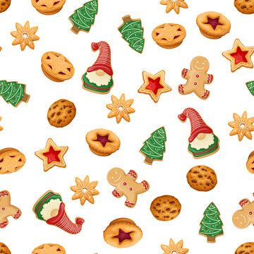 Christmas Cookies Set In Seamless Pattern Vector Illustration. Cartoon Isolated Cute Gingerbread And Cake, Xmas Mince Pie And Cookies In Christmas Tree, Star And Man Shape, Childish Gifts In Ornament