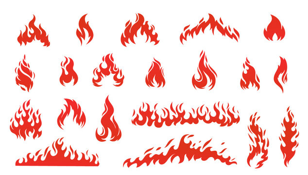 Red flames icons set vector illustration. Silhouette of hot flame fire and abstract tribal bonfire, symbol of flammable fuel and gas and oil danger, heat of burning fireball and fiery devil hell