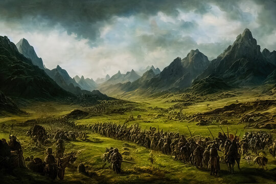 Tired medieval Viking army crossing a tough terrain landscape in the aftermath of war. Large group of Northern warriors in the middle ages. Barbarians marching through the vast fields with mountains.