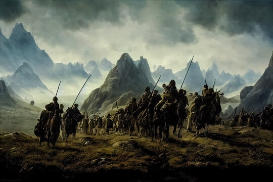 Tired medieval Viking army crossing a tough terrain landscape in the aftermath of war. Large group of Northern warriors in the middle ages. Barbarians marching through the vast fields with mountains.
