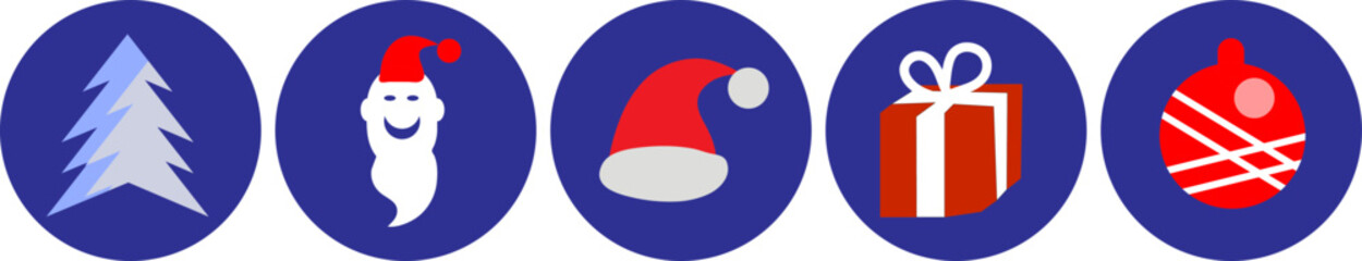 Cristmas icons set with red and white objects on the blue background including Santa's head, christmas tree.eps