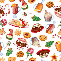 Christmas sweet food and drink set in seamless pattern vector illustration. Cartoon isolated repeat candy cane and biscuit, stollen and cake with sauce, mulled wine for Merry Christmas celebration