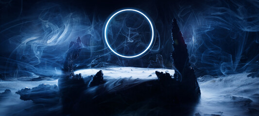 Neon blue color geometric circle. Rocks in smoke on a dark background. Panoramic view of the...
