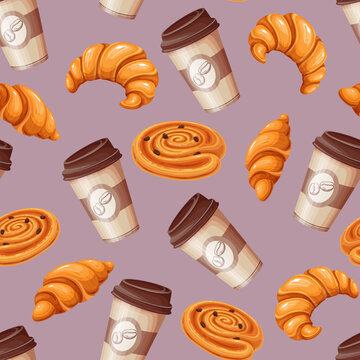 Coffee and French desserts set in seamless pattern vector illustration. Cartoon isolated sweet puff pastry products, croissants and hot coffee in disposable paper or plastic cup, breakfast in France