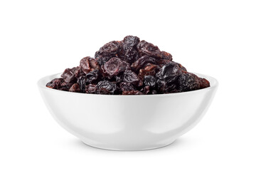 Black raisin in white bowl isolated on white. Front view.