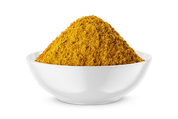 Curry powder in round bowl isolated on white. Front view.