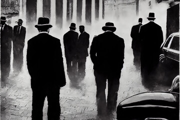 Gangsterzy mafijni i przestępcy ubrani na czarno, w cieniach i sylwetkach - obrazy, fototapety, plakaty