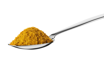 Teaspoon with curry powder isolated on white.