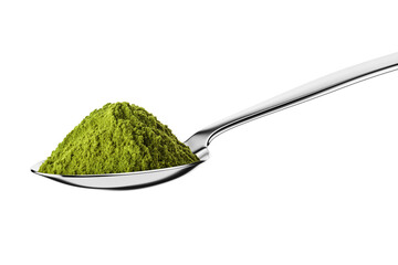 Teaspoon with green matcha tea powder isolated on white.