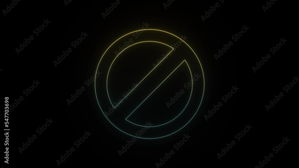 Poster Glowing neon ban icon on black background. ban on video content. 4K video animation for motion graphics and compositing.