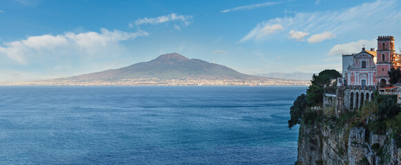 View from Sorrento town on Naples coast and Mount Vesuvius. Sea coastline panorama (Italy).
