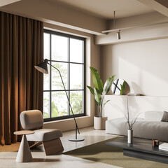 Corner view on bright living room interior with sofa, armchair
