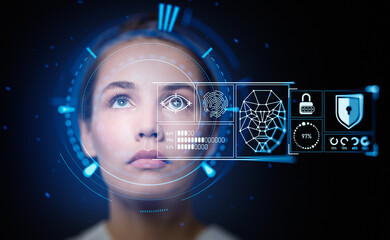 Businesswoman look up and facial recognition hologram, scanning and analysis