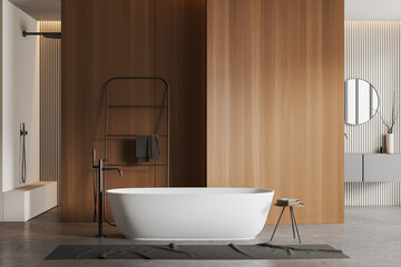Fototapeta na wymiar Front view on bright bathroom interior with bathtub, shower, sink