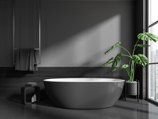 Naklejka na ściany i meble Front view on dark bathroom interior with bathtub, panoramic window