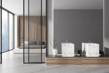 Stylish bedroom interior with washbasins and bedroom with panoramic window