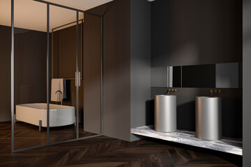 Corner view on dark bathroom interior with bathtub, glass partition