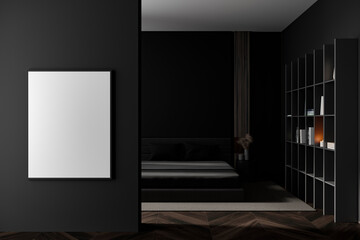 Dark bedroom interior with bed, empty white poster