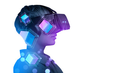 Businesswoman in vr headset, blocks in metaverse, copy space