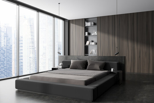 Dark bedroom interior with bed and decoration, panoramic window