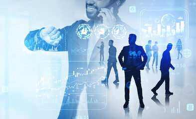 Diverse people working together in company, digital hologram with forex diagrams