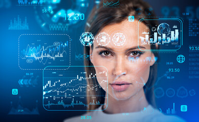 Serious businesswoman portrait, forex hologram with financial analysis