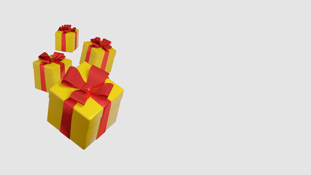 3D render of a banner with gift boxes. Christmas gift boxes with bows on a white background. To create designs for postcards, banners, posters and backgrounds for greeting texts.