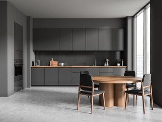 Front view on dark kitchen room interior with panoramic window