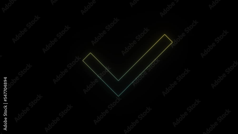 Poster glowing neon tick icon on black background. completed task. 4k video animation for motion graphics a