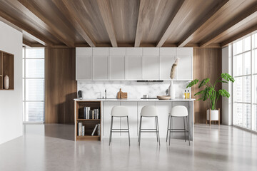 Modern kitchen interior with bar countertop and seats, panoramic window