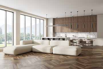 Fototapeta na wymiar Cozy studio interior with lounge and cooking zone, panoramic window