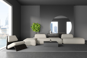 Front view on dark living room interior with sofa, armchair