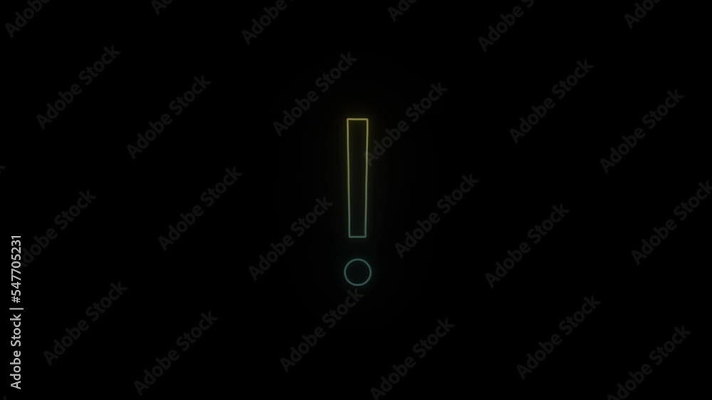 Poster glowing neon exclamation mark icon on black background. punctuation. 4k video animation for motion g